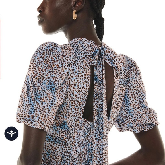 Whistles Blair Puff Sleeve Dress Women's Blue Midi Feminine Open Back Bow - Picture 12 of 13